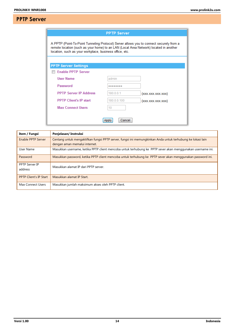 Pptp server | PROLiNK WNR1008 User Manual User Manual | Page 68 / 101