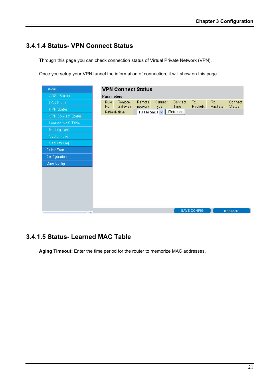 4 status- vpn connect status, 5 status- learned mac table | PROLiNK Hurricane 9000G User Manual | Page 25 / 62