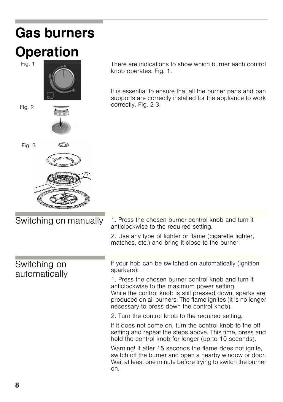 Operation, Gas burners operation, Switching on manually | Switching on automatically | Bosch PCC615B90E Placa de gas 60 cm de ancho Acero inoxidable EAN 4242002487960 User Manual | Page 7 / 86