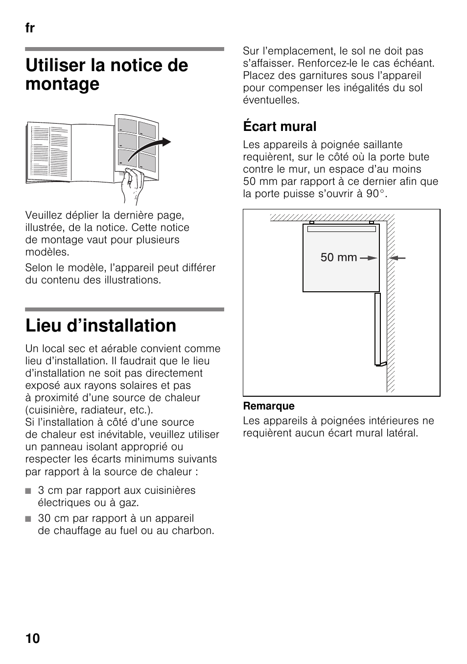 Utiliser la notice de montage, Lieu d’installation, Écart mural | Appareil indépendant, Utiliser la notice de montage lieu d’installation, Fr 10 | Bosch KDV47VL30 User Manual | Page 10 / 54