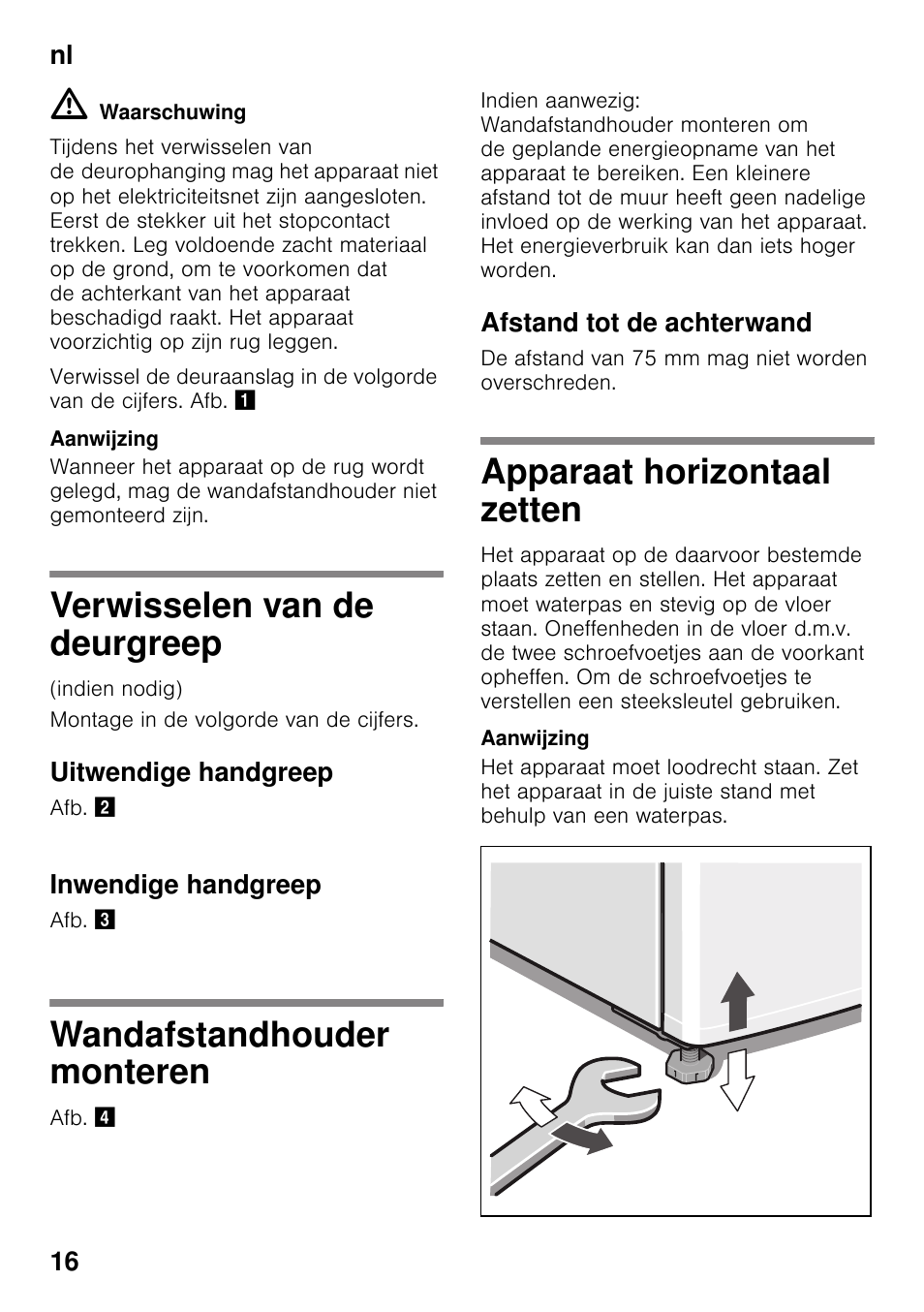 Verwisselen van de deurgreep, Uitwendige handgreep, Inwendige handgreep | Wandafstandhouder monteren, Afstand tot de achterwand, Apparaat horizontaal zetten | Bosch KDV47VL30 User Manual | Page 16 / 54