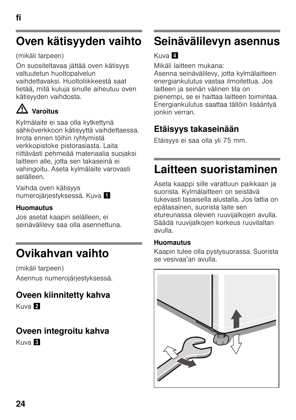 Oven kätisyyden vaihto, Ovikahvan vaihto, Oveen kiinnitetty kahva | Oveen integroitu kahva, Seinävälilevyn asennus, Etäisyys takaseinään, Laitteen suoristaminen, Fi 24 | Bosch KDV47VL30 User Manual | Page 24 / 54