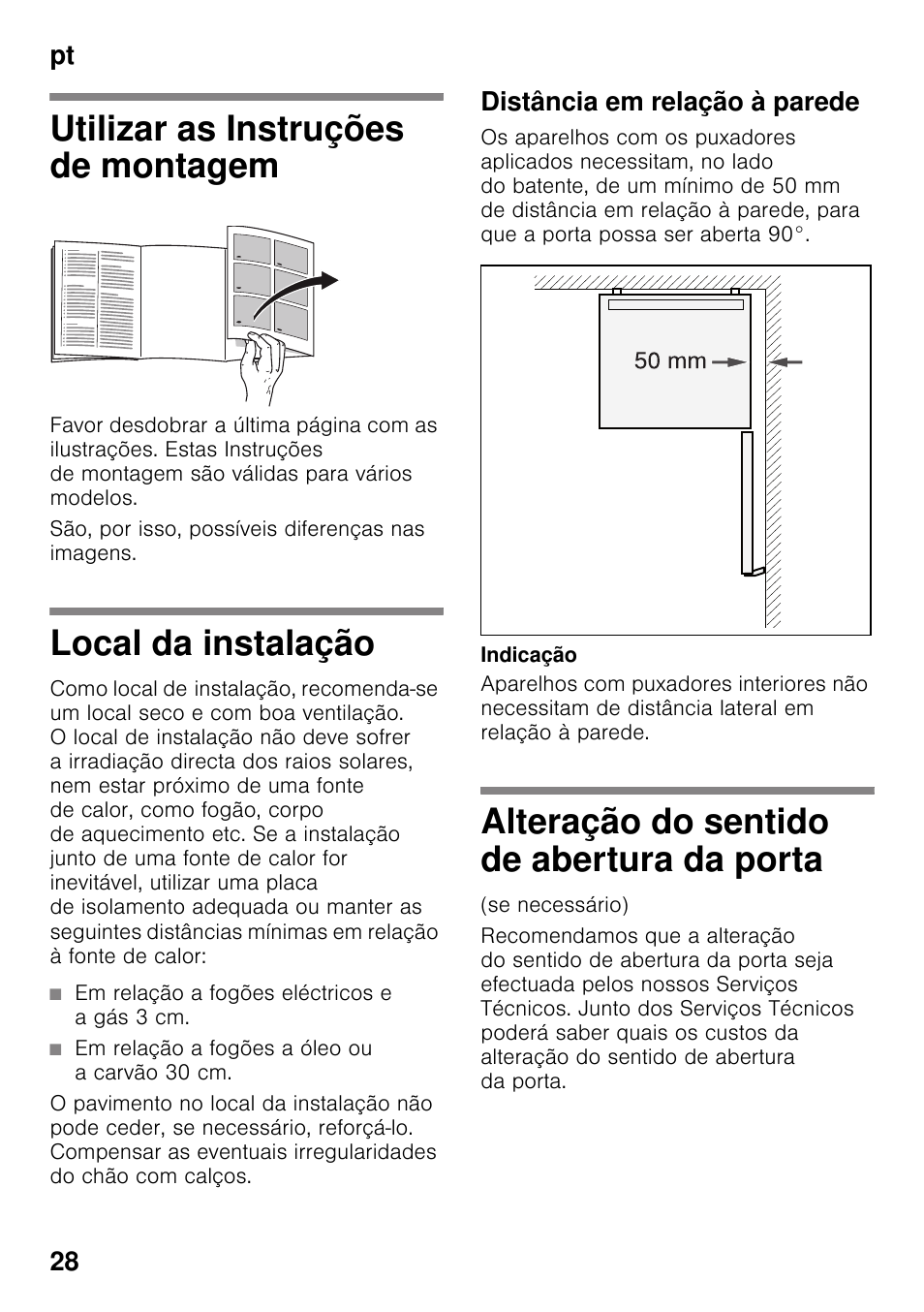 Pt índicept instruções de montagem aparelho solo, Utilizar as instruções de montagem, Local da instalação | Distância em relação à parede, Alteração do sentido de abertura da porta, Da porta, Pt 28 | Bosch KDV47VL30 User Manual | Page 28 / 54