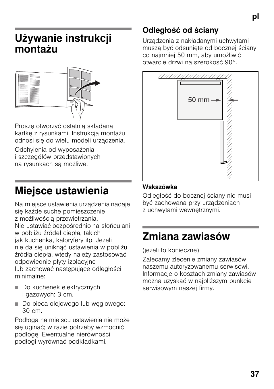 Używanie instrukcji montażu, Miejsce ustawienia, Odległość od ściany | Zmiana zawiasów, U miejsce ustawienia zmiana zawiasów, Pl 37 | Bosch KDV47VL30 User Manual | Page 37 / 54