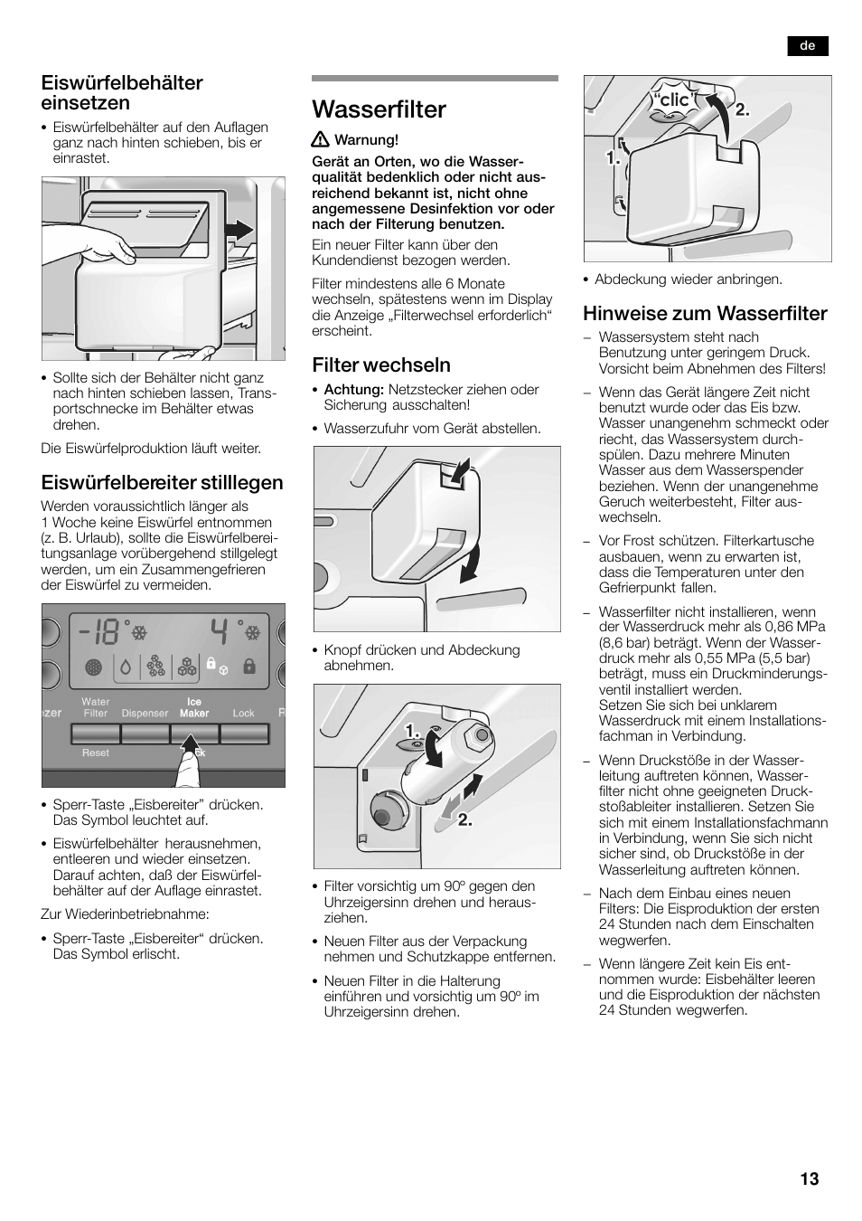 Wasserfilter, Eiswürfelbehälter einsetzen, Eiswürfelbereiter stilllegen | Filter wechseln, Hinweise zum wasserfilter | Bosch KAN60A45 Frigorífico americano No Frost Puertas acero mate antihuellas 180 x 90 cm EAN 4242002627571 User Manual | Page 13 / 263