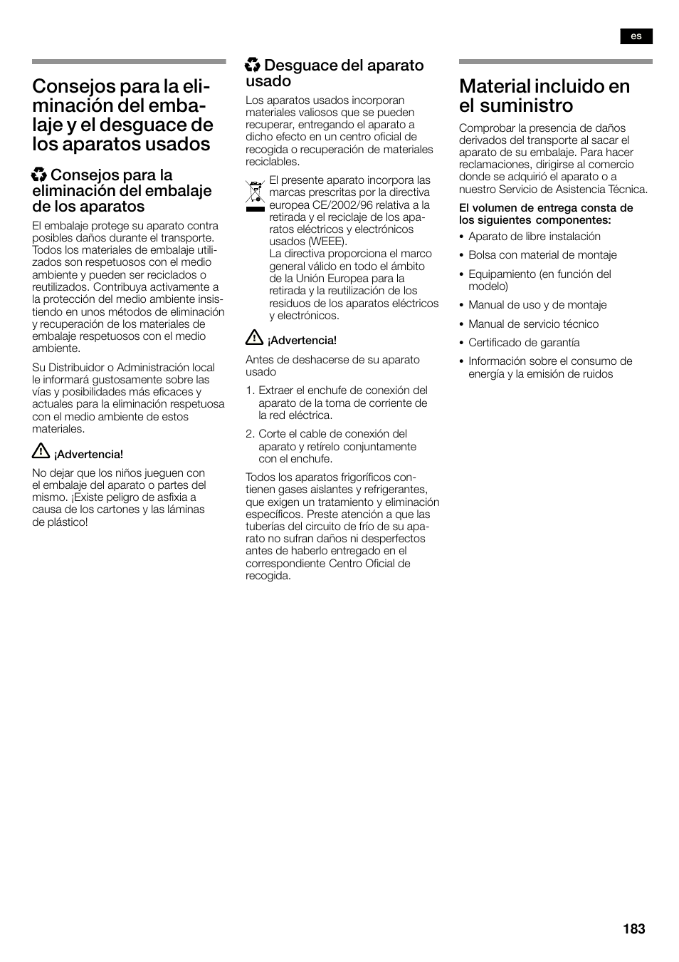 Material incluido en el suministro, Xdesguace del aparato usado | Bosch KAN60A45 Frigorífico americano No Frost Puertas acero mate antihuellas 180 x 90 cm EAN 4242002627571 User Manual | Page 183 / 263