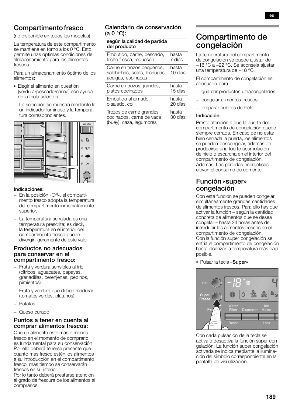 Compartimento de congelación, Compartimento fresco, Función «super» congelación | Bosch KAN60A45 Frigorífico americano No Frost Puertas acero mate antihuellas 180 x 90 cm EAN 4242002627571 User Manual | Page 189 / 263