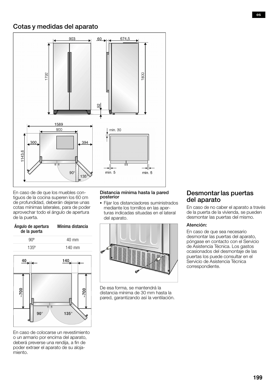 Cotas y medidas del aparato, Desmontar las puertas del aparato | Bosch KAN60A45 Frigorífico americano No Frost Puertas acero mate antihuellas 180 x 90 cm EAN 4242002627571 User Manual | Page 199 / 263