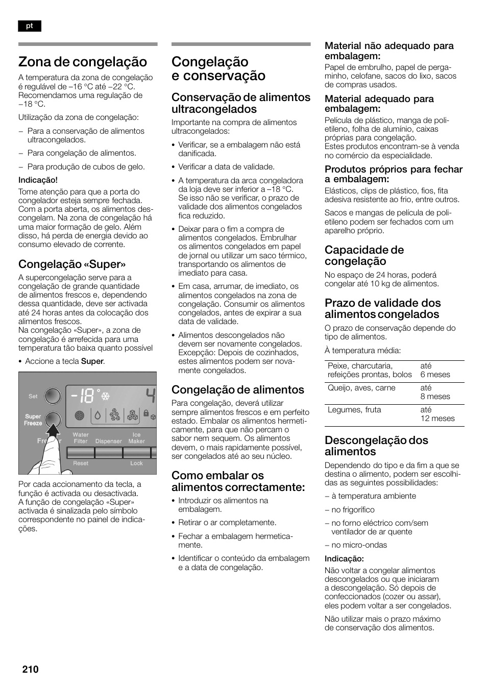 Zona de congelação, Congelação e conservação, Congelação «super | Conservação de alimentos ultracongelados, Congelação de alimentos, Como embalar os alimentos correctamente, Capacidade de congelação, Prazo de validade dos alimentos congelados, Descongelação dos alimentos | Bosch KAN60A45 Frigorífico americano No Frost Puertas acero mate antihuellas 180 x 90 cm EAN 4242002627571 User Manual | Page 210 / 263