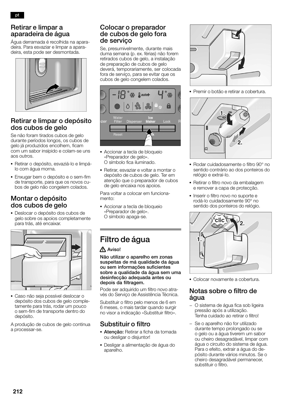 Filtro de água, Retirar e limpar a aparadeira de água, Retirar e limpar o depósito dos cubos de gelo | Montar o depósito dos cubos de gelo, Substituir o filtro, Notas sobre o filtro de água | Bosch KAN60A45 Frigorífico americano No Frost Puertas acero mate antihuellas 180 x 90 cm EAN 4242002627571 User Manual | Page 212 / 263
