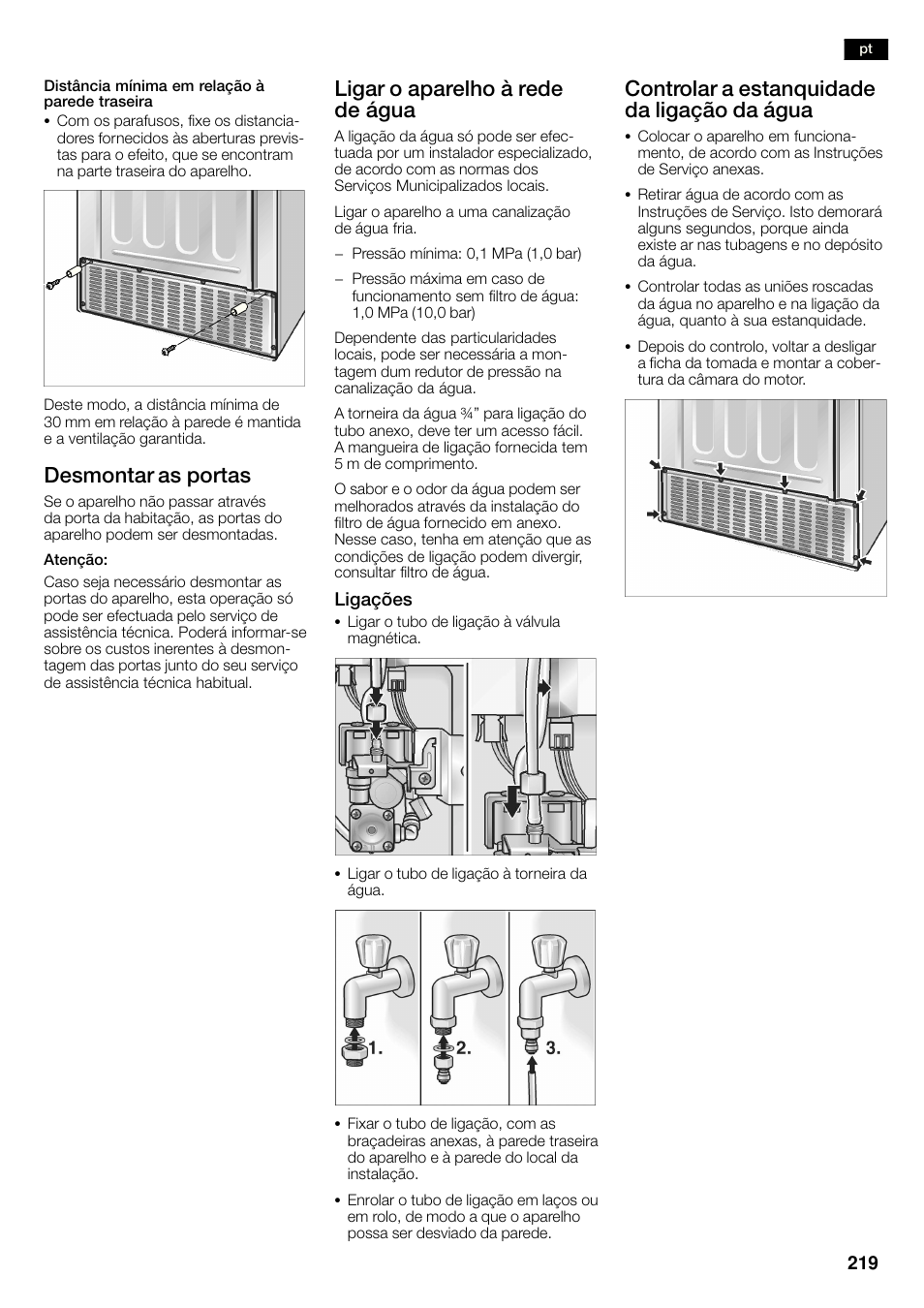 Desmontar as portas, Ligar o aparelho à rede de água, Controlar a estanquidade da ligação da água | Bosch KAN60A45 Frigorífico americano No Frost Puertas acero mate antihuellas 180 x 90 cm EAN 4242002627571 User Manual | Page 219 / 263