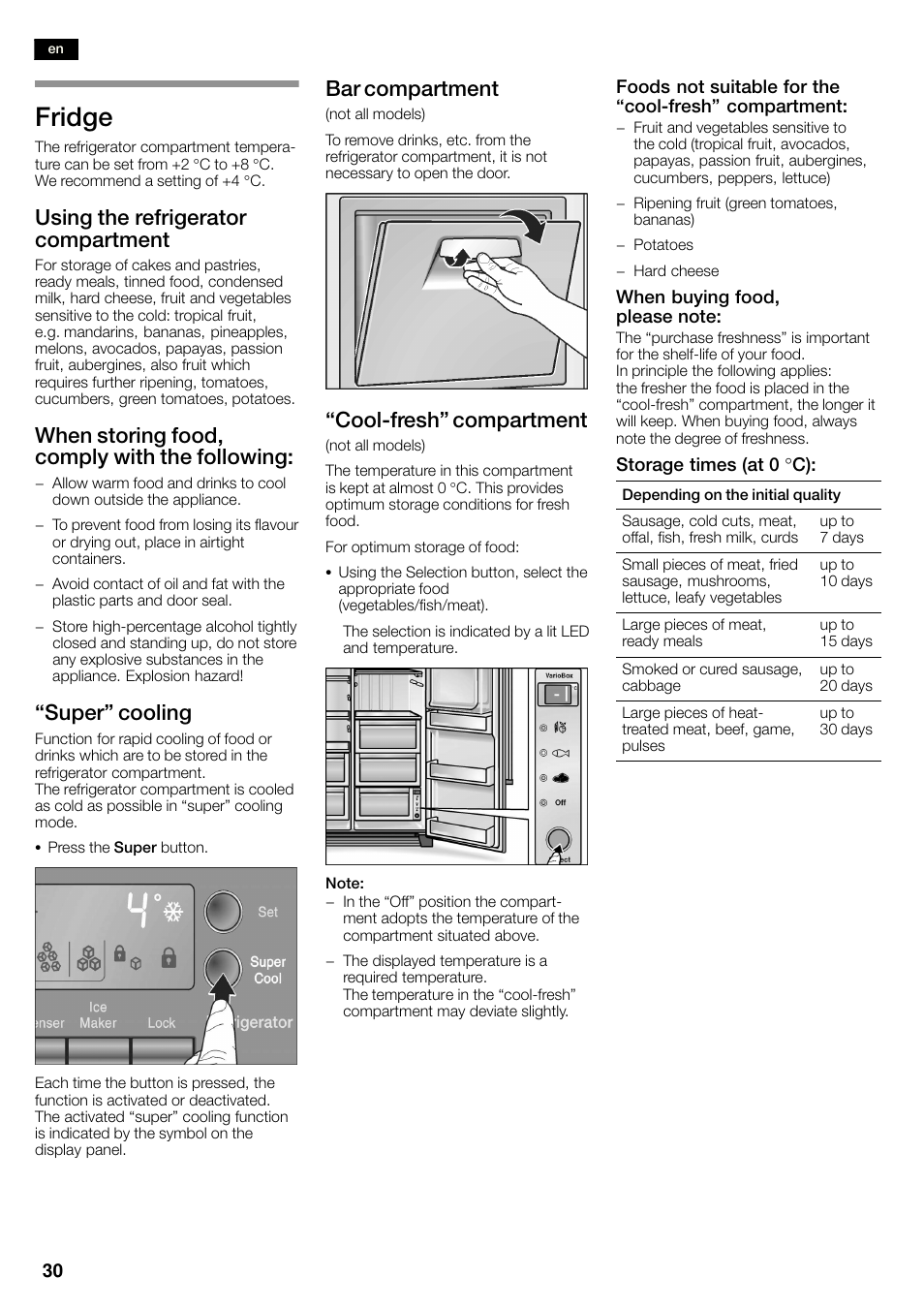 Fridge, Using the refrigerator compartment, When storing food, comply with the following | Super" cooling, Bar compartment, Coolćfresh" compartment | Bosch KAN60A45 Frigorífico americano No Frost Puertas acero mate antihuellas 180 x 90 cm EAN 4242002627571 User Manual | Page 30 / 263