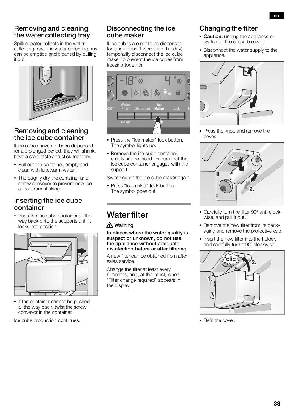 Water filter, Removing and cleaning the water collecting tray, Removing and cleaning the ice cube container | Inserting the ice cube container, Disconnecting the ice cube maker, Changing the filter | Bosch KAN60A45 Frigorífico americano No Frost Puertas acero mate antihuellas 180 x 90 cm EAN 4242002627571 User Manual | Page 33 / 263