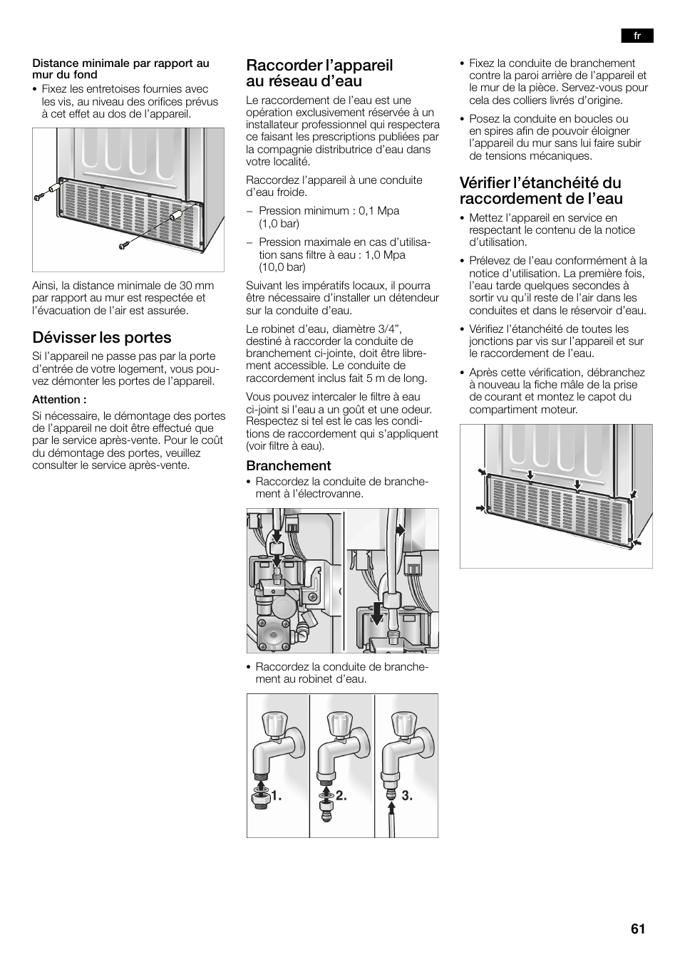 Dévisser les portes, Raccorder l'appareil au réseau d'eau, Vérifier l'étanchéité du raccordement de l'eau | Bosch KAN60A45 Frigorífico americano No Frost Puertas acero mate antihuellas 180 x 90 cm EAN 4242002627571 User Manual | Page 61 / 263