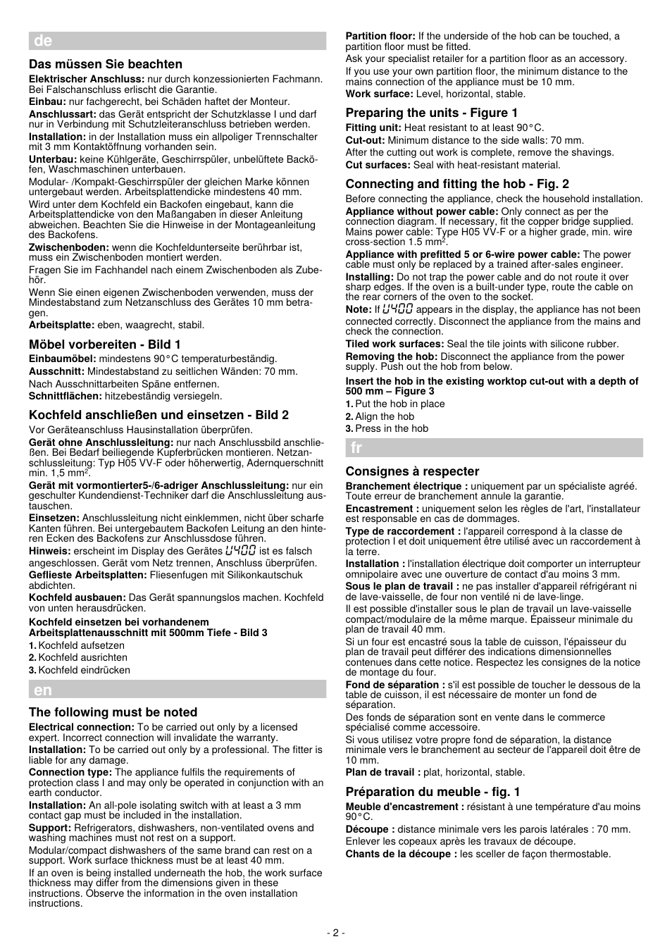 Das müssen sie beachten, Möbel vorbereiten - bild 1, Kochfeld anschließen und einsetzen - bild 2 | The following must be noted, Preparing the units - figure 1, Connecting and fitting the hob - fig. 2, Consignes à respecter, Préparation du meuble - fig. 1, De fr en | Bosch PKM631B17E Placa vitrocerámica de 60 cm de ancho Terminación bisel frontal EAN 4242002726410 User Manual | Page 2 / 8