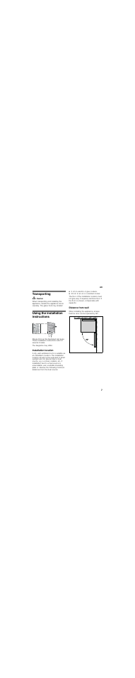 Transporting, Using the installation instructions, Installation location | Distance from wall | Bosch KGN49SQ21R User Manual | Page 7 / 44