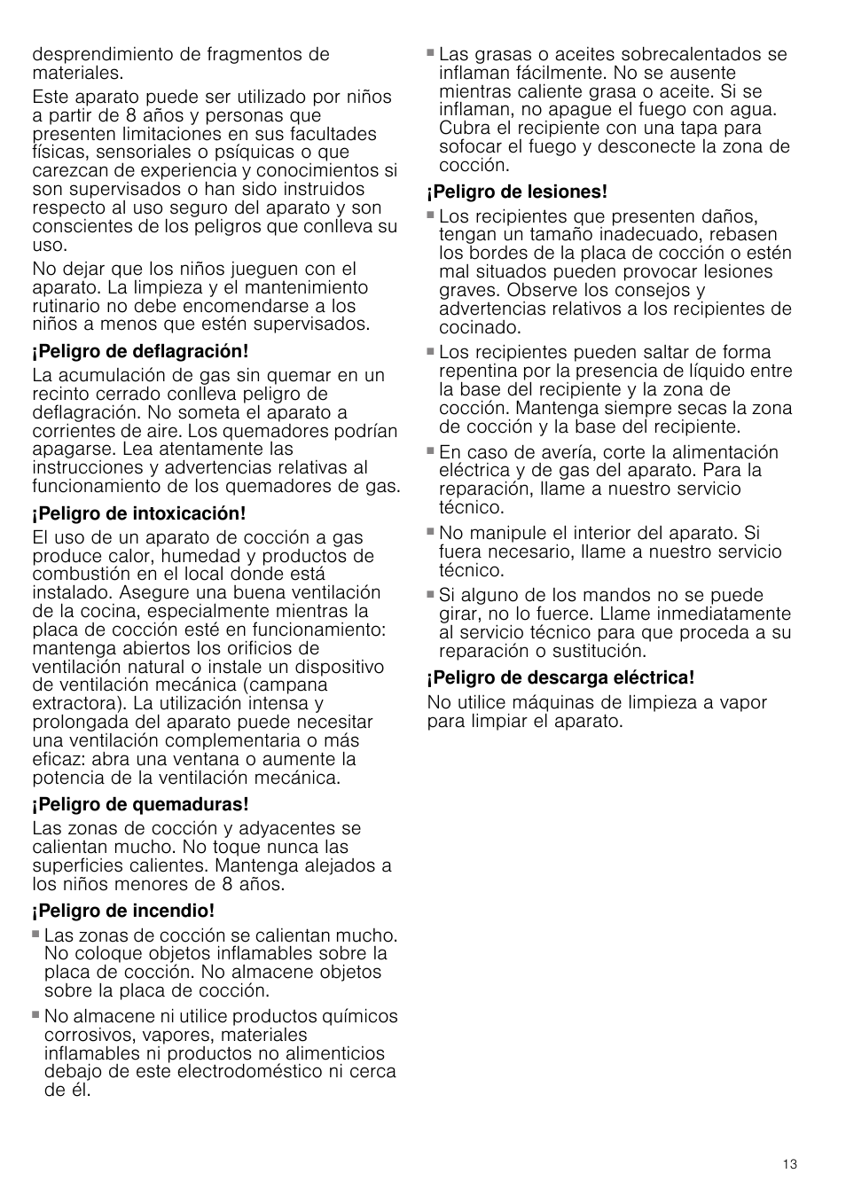 Peligro de deflagración, Peligro de intoxicación, Peligro de quemaduras | Peligro de incendio, Peligro de lesiones, Peligro de descarga eléctrica | Bosch PCR915B91E Placa de gas 90 cm de ancho Acero inoxidable EAN 4242002488707 User Manual | Page 13 / 44