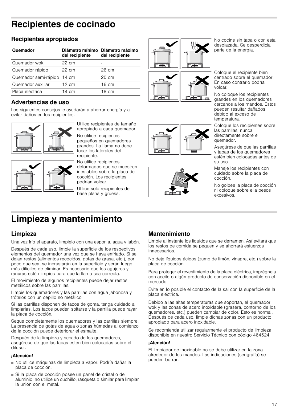 Recipientes de cocinado, Recipientes apropiados, Advertencias de uso | Limpieza y mantenimiento, Limpieza, Atención, Mantenimiento, O limpieza mantenimiento, Recipientes apropiados advertencias de uso | Bosch PCR915B91E Placa de gas 90 cm de ancho Acero inoxidable EAN 4242002488707 User Manual | Page 17 / 44