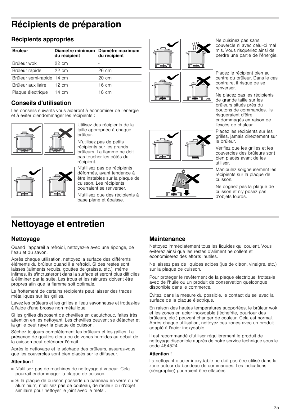 Récipients de préparation, Récipients appropriés, Conseils d'utilisation | Nettoyage et entretien, Nettoyage, Attention, Maintenance, Ation, Récipients appropriés conseils d'utilisation | Bosch PCR915B91E Placa de gas 90 cm de ancho Acero inoxidable EAN 4242002488707 User Manual | Page 25 / 44