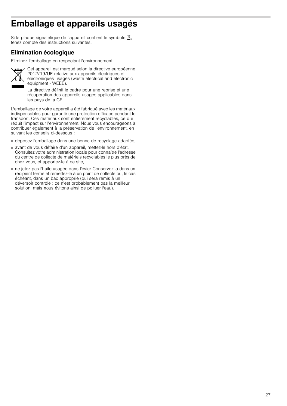 Emballage et appareils usagés, Elimination écologique, És elimination écologique | Bosch PCR915B91E Placa de gas 90 cm de ancho Acero inoxidable EAN 4242002488707 User Manual | Page 27 / 44