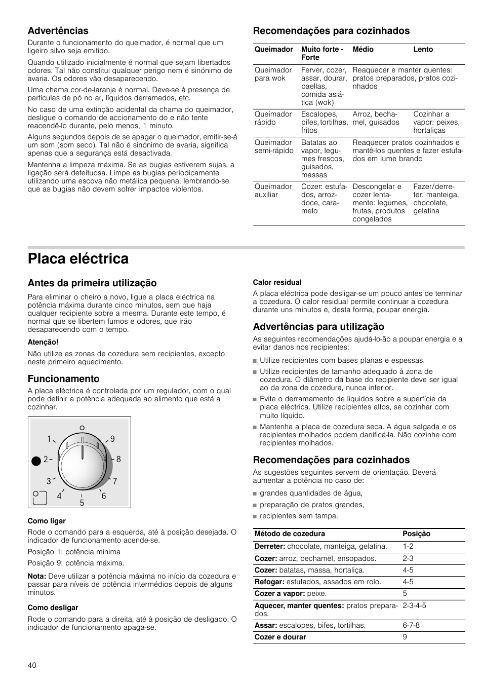 Advertências, Recomendações para cozinhados, Placa eléctrica | Antes da primeira utilização, Atenção, Funcionamento, Como ligar, Nota, Como desligar, Calor residual | Bosch PCR915B91E Placa de gas 90 cm de ancho Acero inoxidable EAN 4242002488707 User Manual | Page 40 / 44