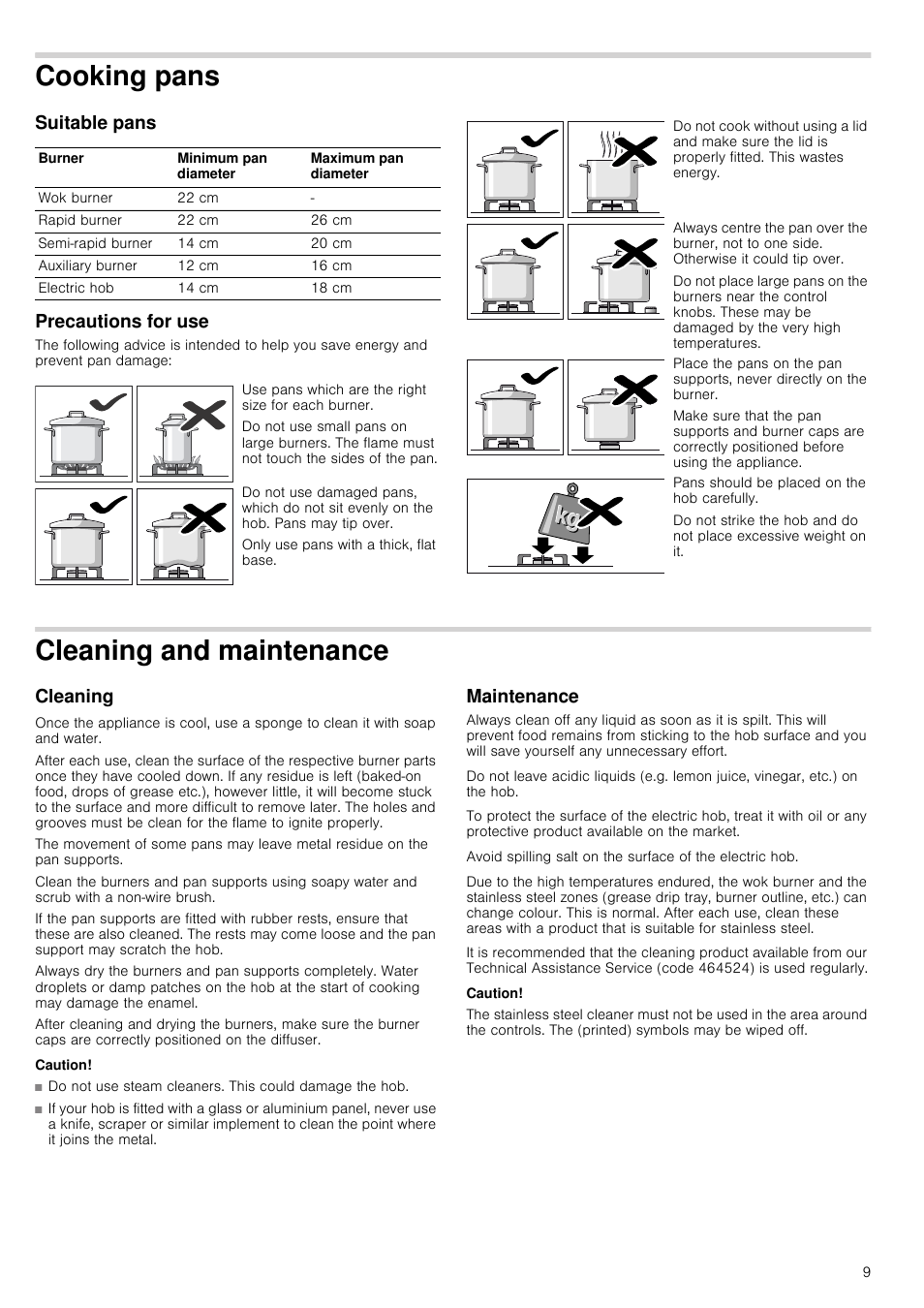Cooking pans, Suitable pans, Precautions for use | Cleaning and maintenance, Cleaning, Caution, Maintenance, Cleaning maintenance, Suitable pans precautions for use | Bosch PCR915B91E Placa de gas 90 cm de ancho Acero inoxidable EAN 4242002488707 User Manual | Page 9 / 44