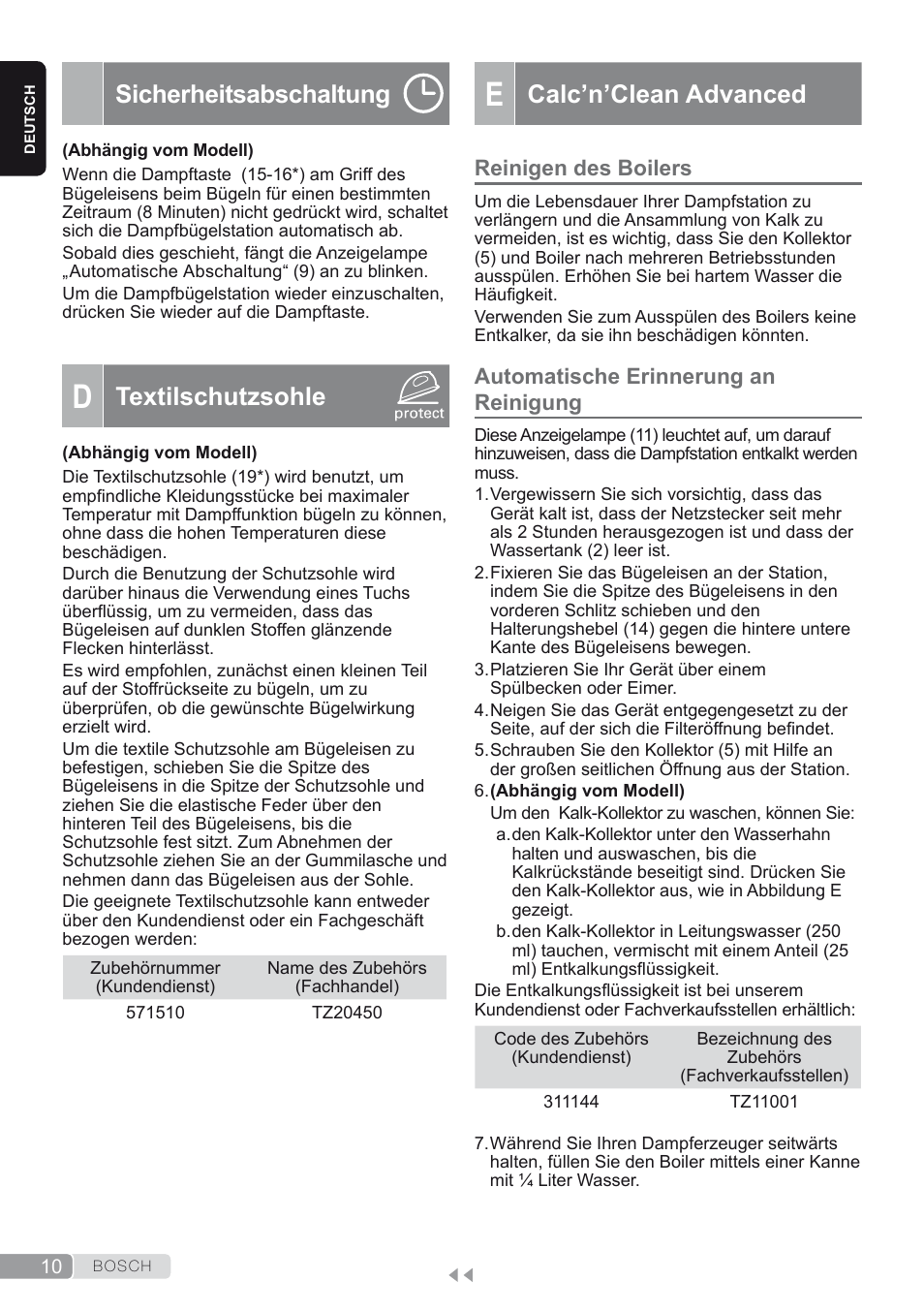 Sicherheitsabschaltung, D. textilschutzsohle, E. calc’n’clean advanced | Reinigen des boilers, Automatische erinnerung an reinigung, Calc’n’clean advanced, Textilschutzsohle | Bosch TDS2250 Centro de planchado Sensixx B22L EAN 4242002794440 User Manual | Page 10 / 150