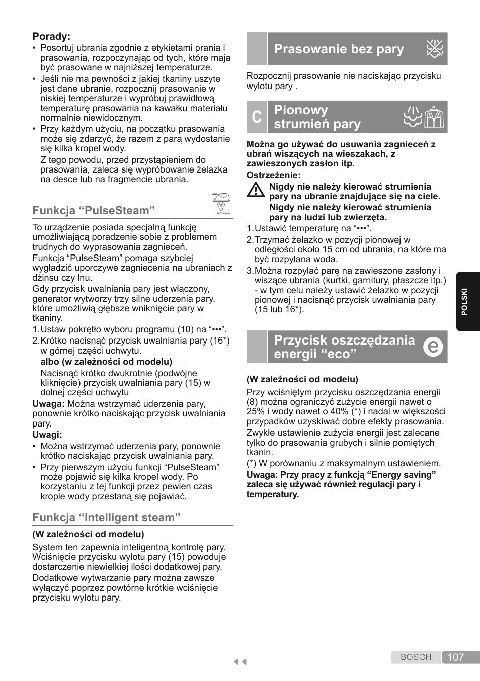 Funkcja “pulsesteam, Funkcja “intelligent steam, Prasowanie bez pary | C. pionowy strumień pary, Przycisk oszczędzania energii “eco, Pionowy strumień pary | Bosch TDS2250 Centro de planchado Sensixx B22L EAN 4242002794440 User Manual | Page 107 / 150