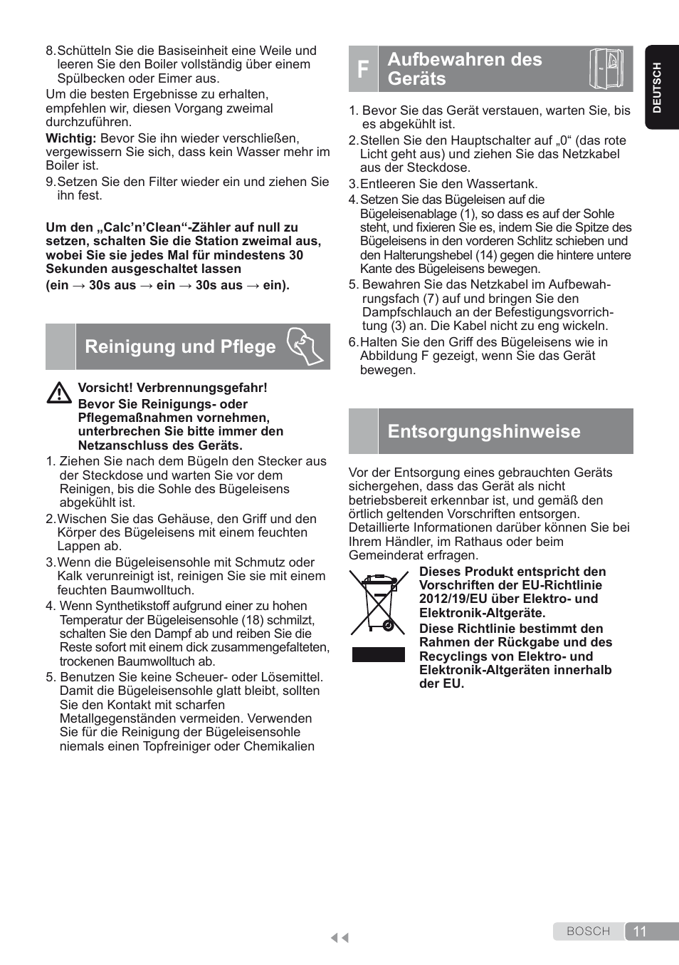 Reinigung und pflege, F. aufbewahren des geräts, Entsorgungshinweise | Aufbewahren des geräts | Bosch TDS2250 Centro de planchado Sensixx B22L EAN 4242002794440 User Manual | Page 11 / 150