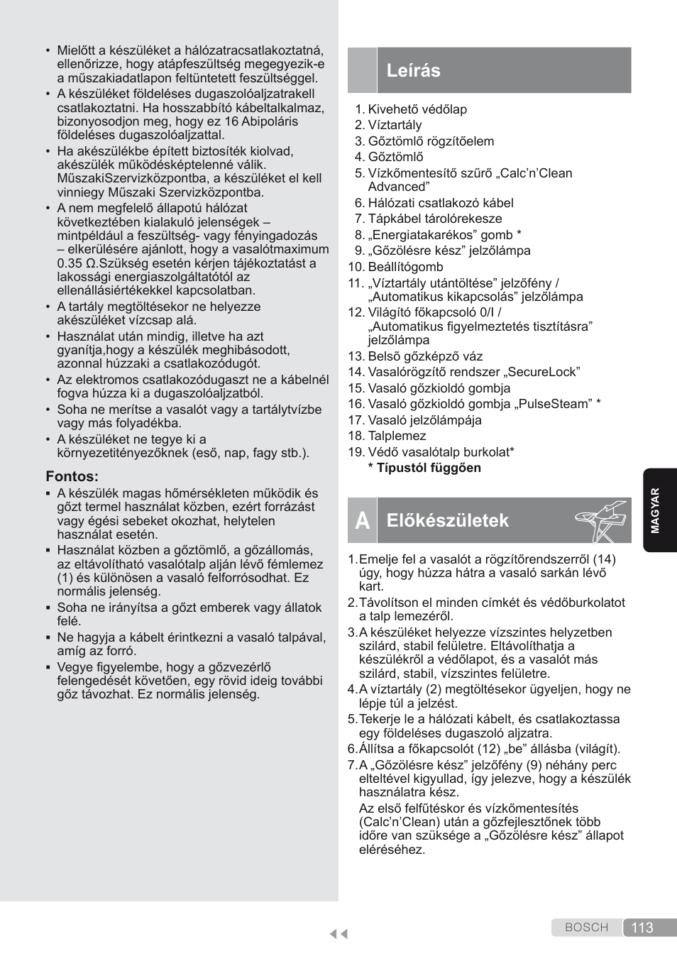 Leírás, A. előkészületek, Előkészületek | Bosch TDS2250 Centro de planchado Sensixx B22L EAN 4242002794440 User Manual | Page 113 / 150