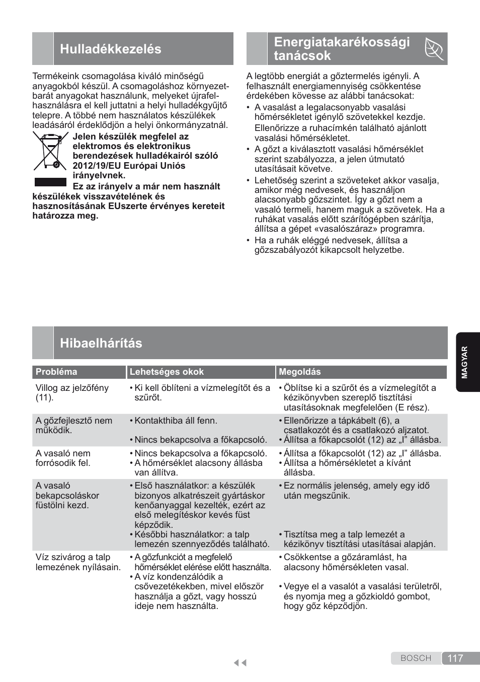 Hulladékkezelés, Energiatakarékossági tanácsok, Hibaelhárítás | Bosch TDS2250 Centro de planchado Sensixx B22L EAN 4242002794440 User Manual | Page 117 / 150