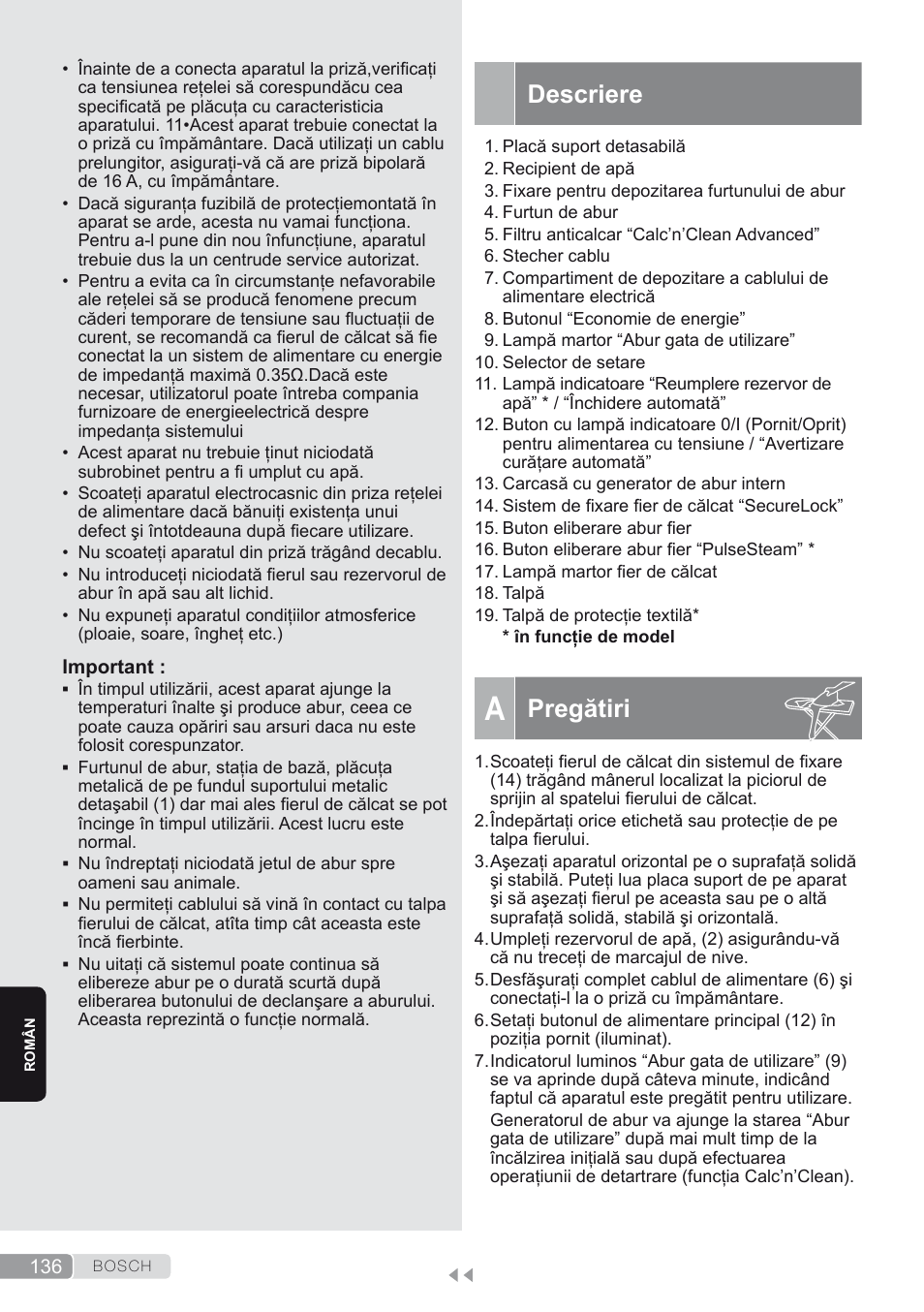 Descriere, A. pregătiri, Pregătiri | Bosch TDS2250 Centro de planchado Sensixx B22L EAN 4242002794440 User Manual | Page 136 / 150