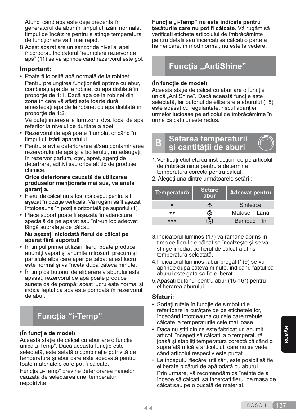 Funcţia “i-temp, Funcţia „antishine, B. setarea temperaturii şi cantităţii de aburi | Setarea temperaturii şi cantităţii de aburi | Bosch TDS2250 Centro de planchado Sensixx B22L EAN 4242002794440 User Manual | Page 137 / 150