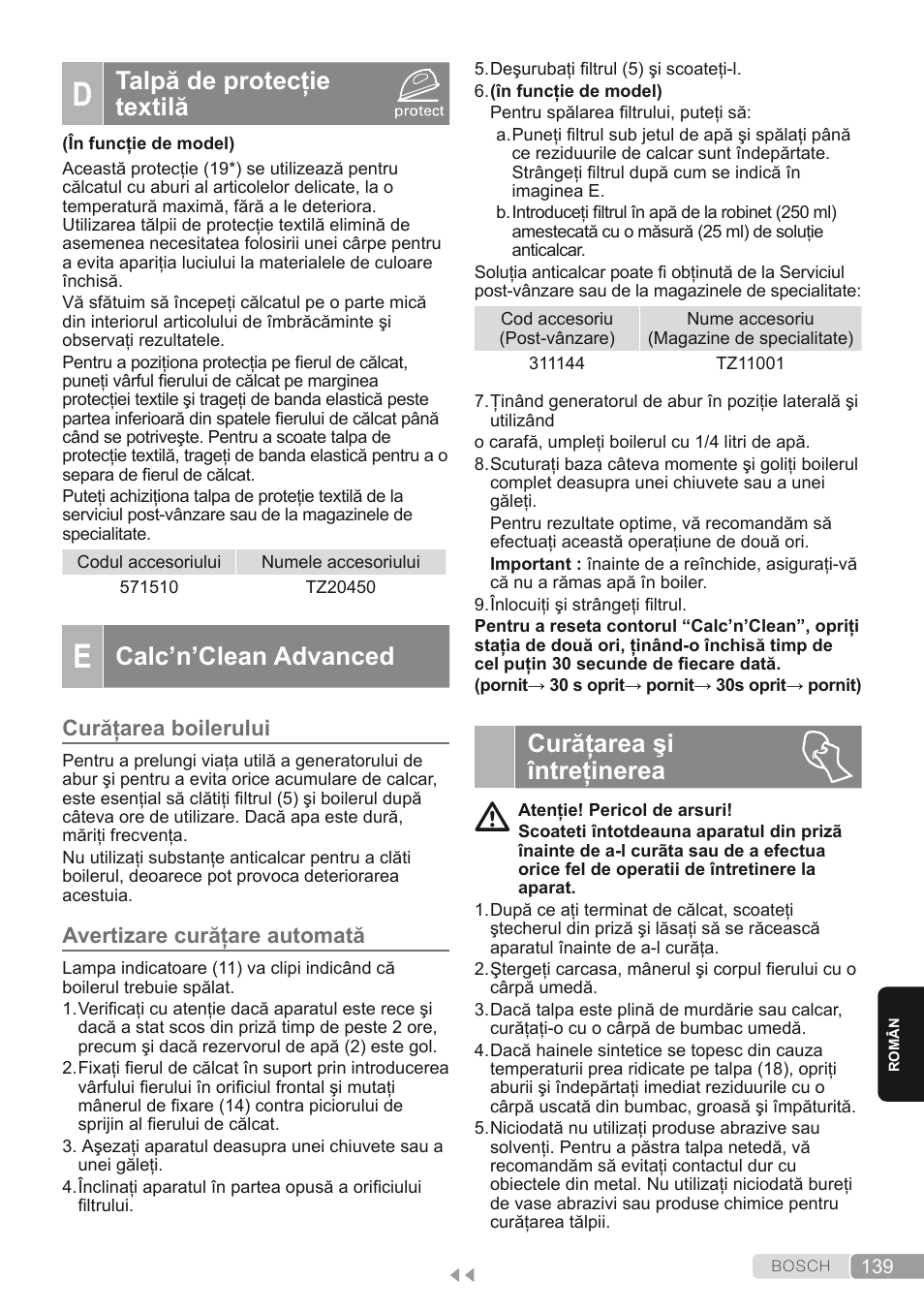 D. talpă de protecţie textilă, E. calc’n’clean advanced, Curăţarea boilerului | Avertizare curăţare automată, Curăţarea şi întreţinerea, Talpă de protecţie textilă, Calc’n’clean advanced | Bosch TDS2250 Centro de planchado Sensixx B22L EAN 4242002794440 User Manual | Page 139 / 150