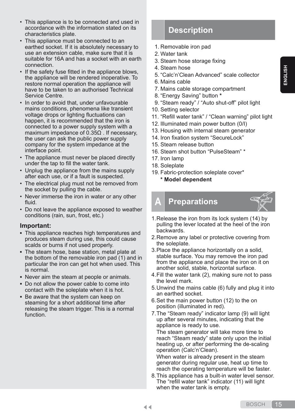 Description, A. preparations, Preparations | Bosch TDS2250 Centro de planchado Sensixx B22L EAN 4242002794440 User Manual | Page 15 / 150