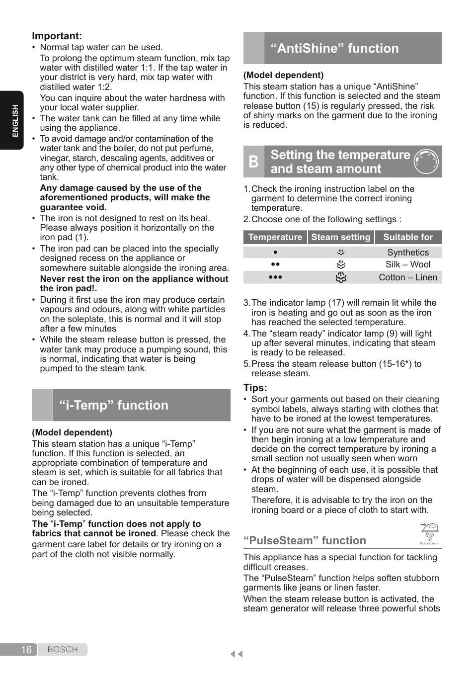 I-temp” function, Antishine” function, B. setting the temperature and steam amount | Pulsesteam” function, Setting the temperature and steam amount | Bosch TDS2250 Centro de planchado Sensixx B22L EAN 4242002794440 User Manual | Page 16 / 150