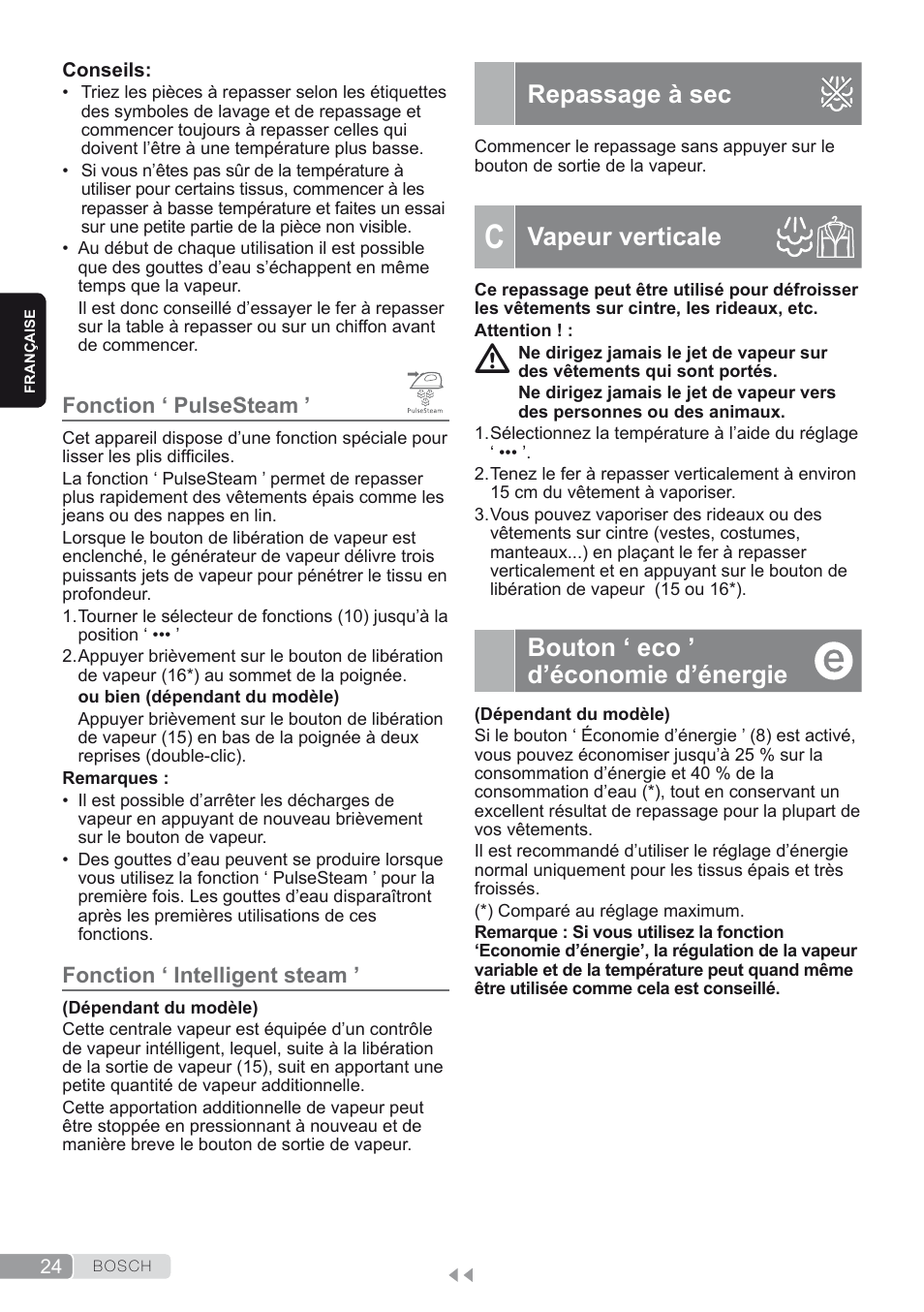 Fonction ‘ pulsesteam, Fonction ‘ intelligent steam, Repassage à sec | C. vapeur verticale, Bouton ‘ eco ’ d’économie d’énergie, Vapeur verticale | Bosch TDS2250 Centro de planchado Sensixx B22L EAN 4242002794440 User Manual | Page 24 / 150