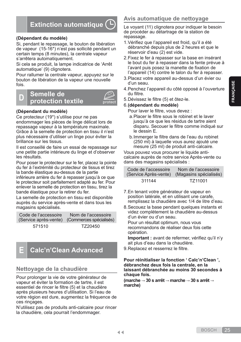 Extinction automatique, D. semelle de protection textile, E. calc’n’clean advanced | Nettoyage de la chaudière, Avis automatique de nettoyage, Semelle de protection textile, Calc’n’clean advanced | Bosch TDS2250 Centro de planchado Sensixx B22L EAN 4242002794440 User Manual | Page 25 / 150