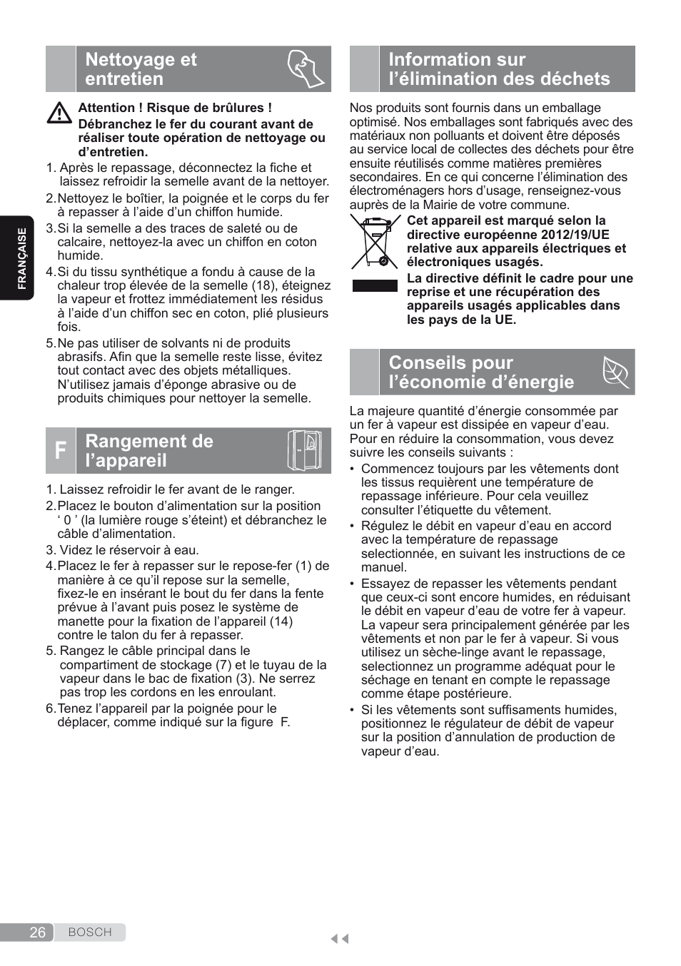 Nettoyage et entretien, F. rangement de l’appareil, Information sur l’élimination des déchets | Conseils pour l’économie d’énergie, Rangement de l’appareil | Bosch TDS2250 Centro de planchado Sensixx B22L EAN 4242002794440 User Manual | Page 26 / 150