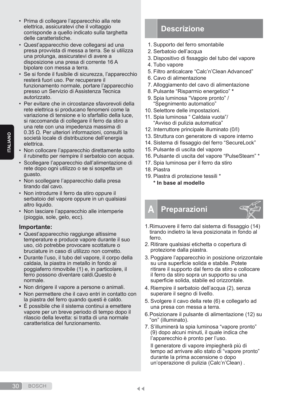Descrizione, A. preparazioni, Preparazioni | Bosch TDS2250 Centro de planchado Sensixx B22L EAN 4242002794440 User Manual | Page 30 / 150