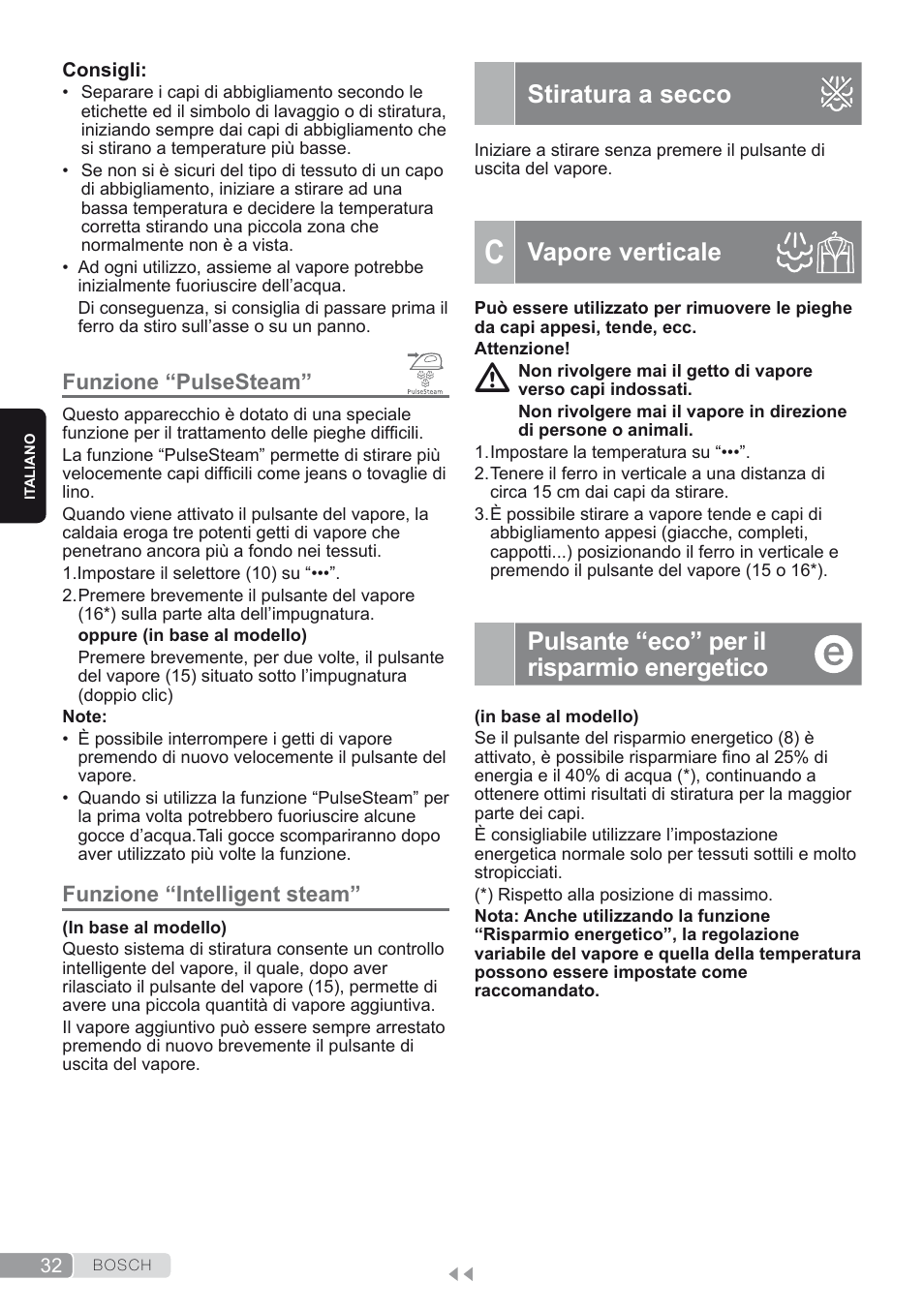 Funzione “pulsesteam, Funzione “intelligent steam, Stiratura a secco | C. vapore verticale, Pulsante “eco” per il risparmio energetico, Vapore verticale | Bosch TDS2250 Centro de planchado Sensixx B22L EAN 4242002794440 User Manual | Page 32 / 150