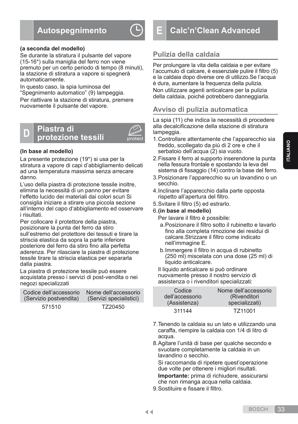 Autospegnimento, D. piastra di protezione tessili, E. calc’n’clean advanced | Pulizia della caldaia, Avviso di pulizia automatica, Calc’n’clean advanced, Piastra di protezione tessili | Bosch TDS2250 Centro de planchado Sensixx B22L EAN 4242002794440 User Manual | Page 33 / 150
