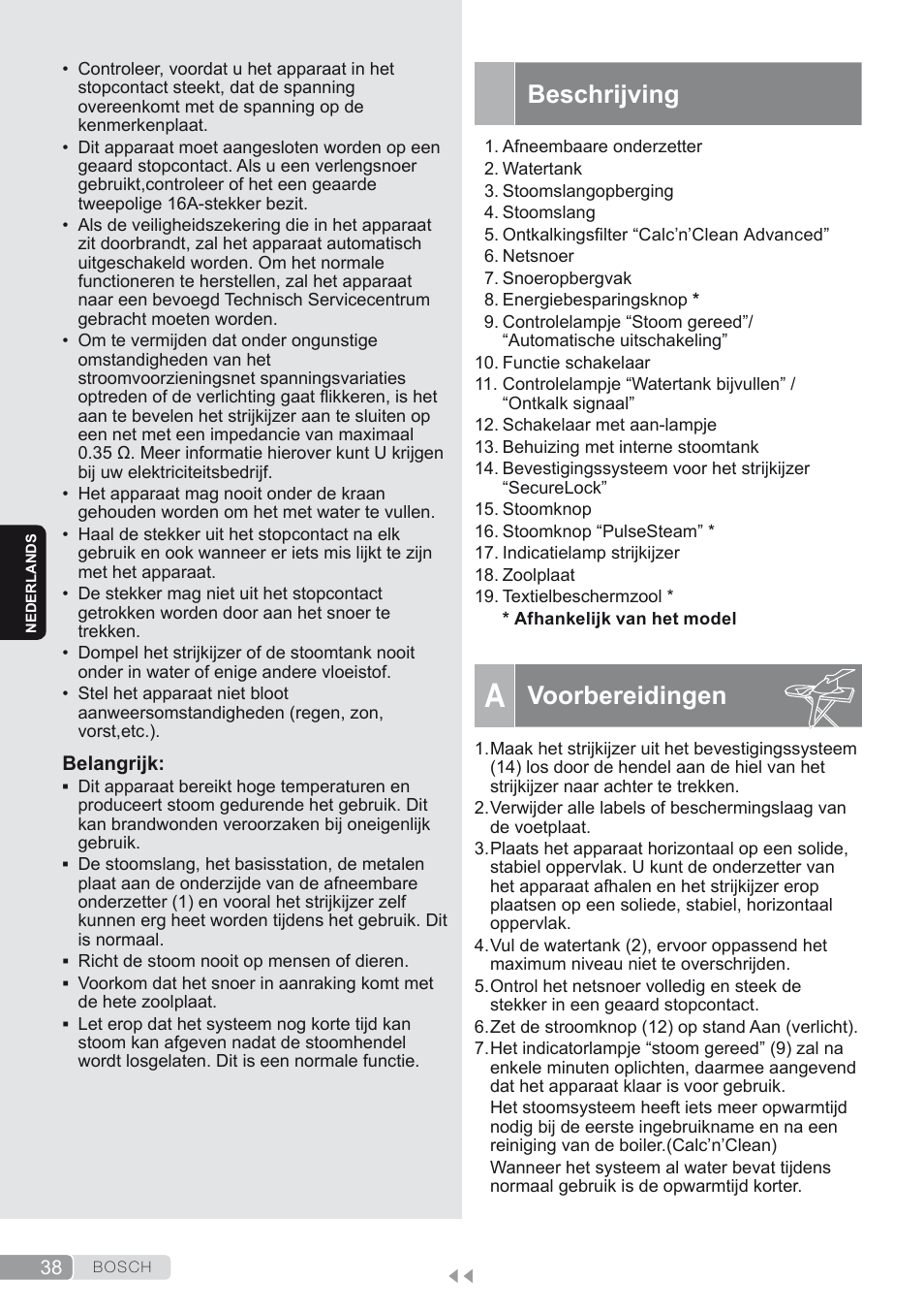 Beschrijving, A. voorbereidingen, Voorbereidingen | Bosch TDS2250 Centro de planchado Sensixx B22L EAN 4242002794440 User Manual | Page 38 / 150