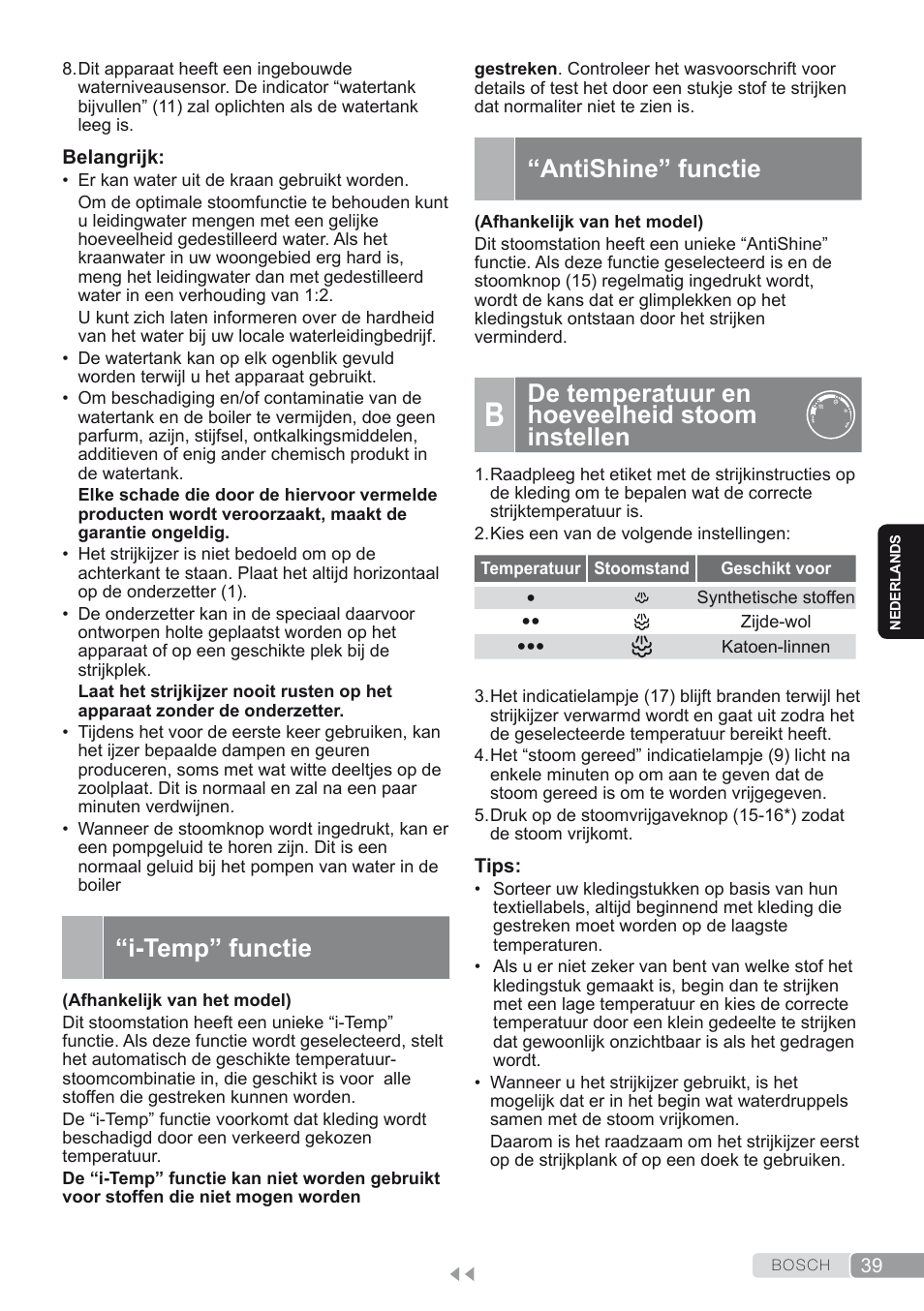 I-temp” functie, Antishine” functie, B. de temperatuur en hoeveelheid stoom instellen | De temperatuur en hoeveelheid stoom instellen | Bosch TDS2250 Centro de planchado Sensixx B22L EAN 4242002794440 User Manual | Page 39 / 150
