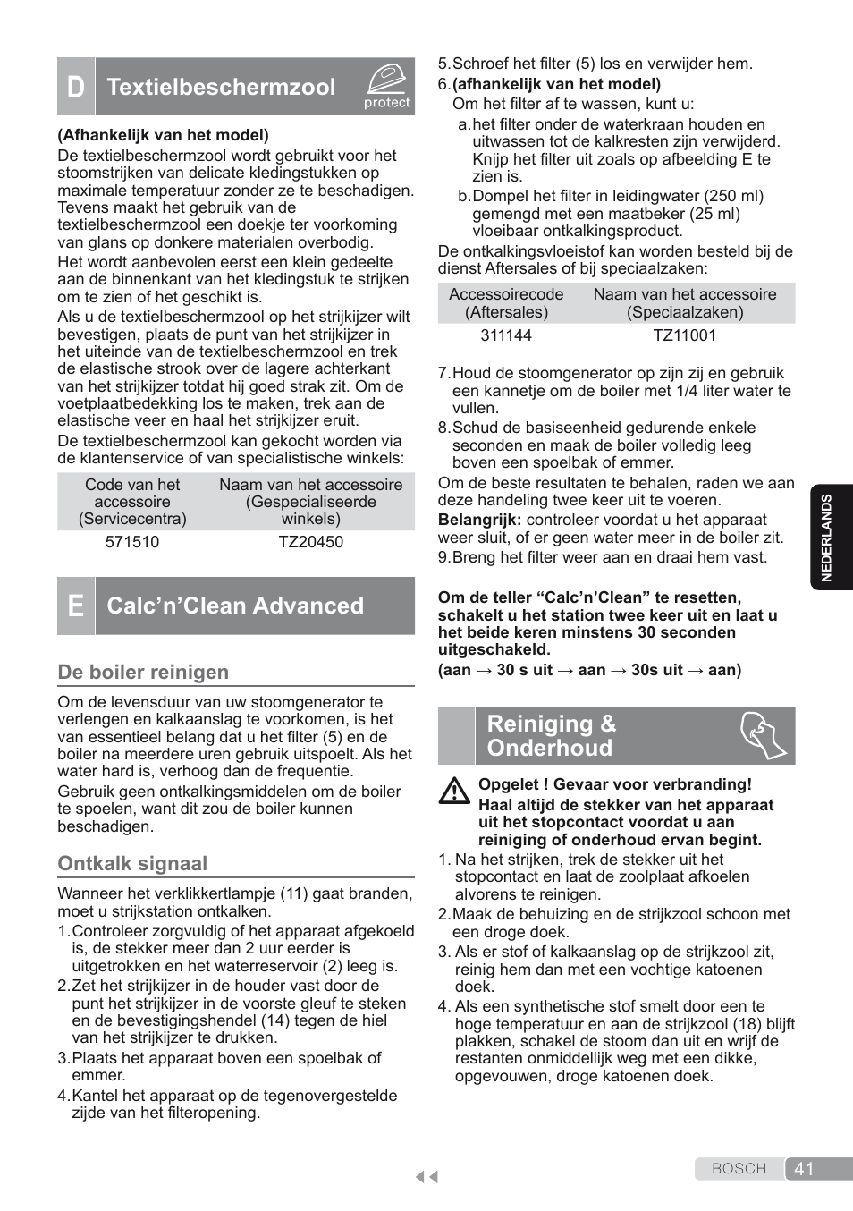 D. textielbeschermzool, E. calc’n’clean advanced, De boiler reinigen | Ontkalk signaal, Reiniging & onderhoud, Textielbeschermzool, Calc’n’clean advanced | Bosch TDS2250 Centro de planchado Sensixx B22L EAN 4242002794440 User Manual | Page 41 / 150