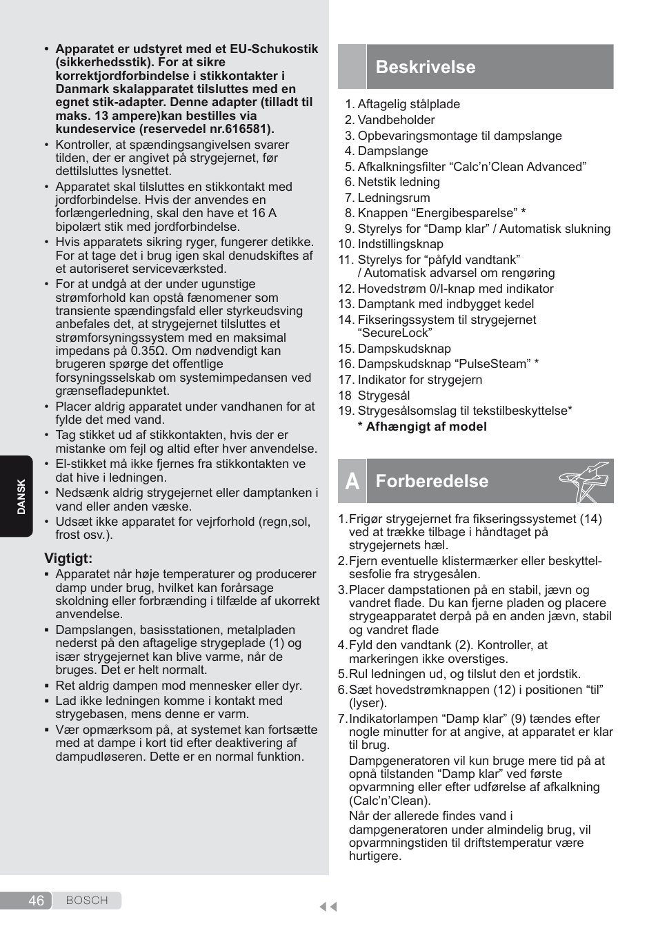 Beskrivelse, A. forberedelse, Forberedelse | Bosch TDS2250 Centro de planchado Sensixx B22L EAN 4242002794440 User Manual | Page 46 / 150