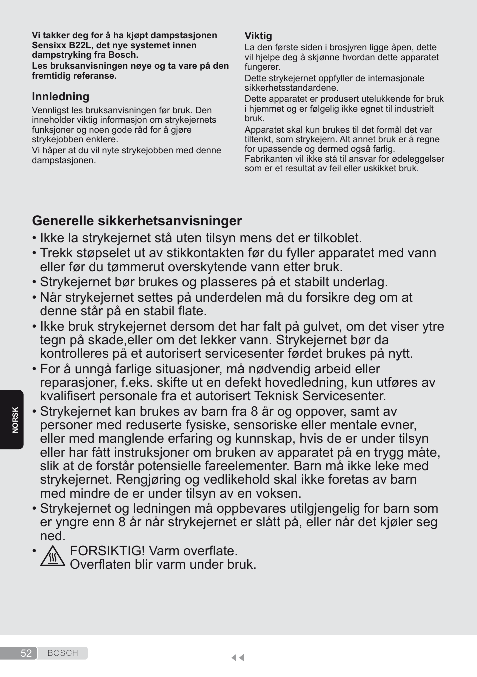 Norsk, Generelle sikkerhetsanvisninger | Bosch TDS2250 Centro de planchado Sensixx B22L EAN 4242002794440 User Manual | Page 52 / 150