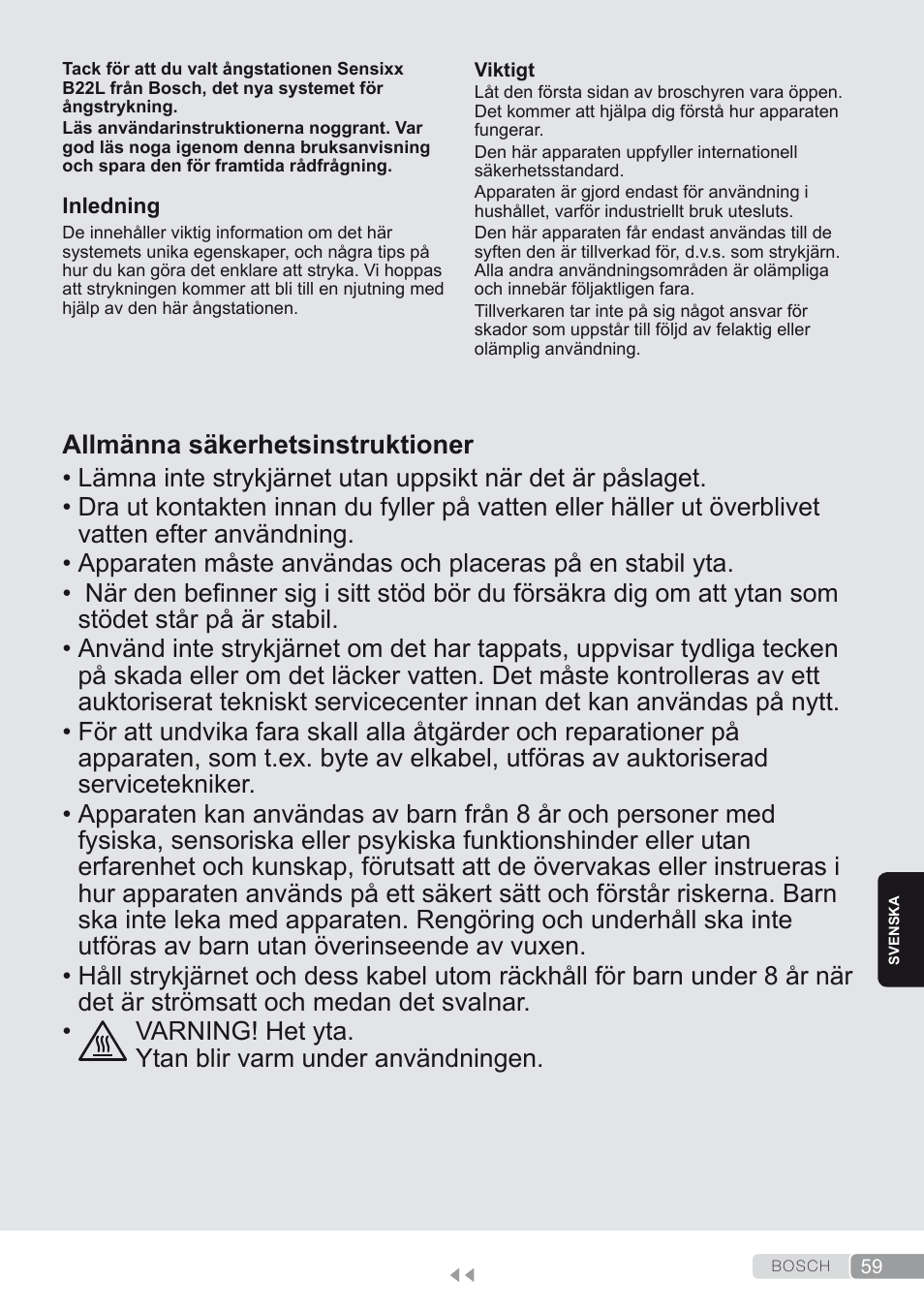 Svenska, Allmänna säkerhetsinstruktioner | Bosch TDS2250 Centro de planchado Sensixx B22L EAN 4242002794440 User Manual | Page 59 / 150