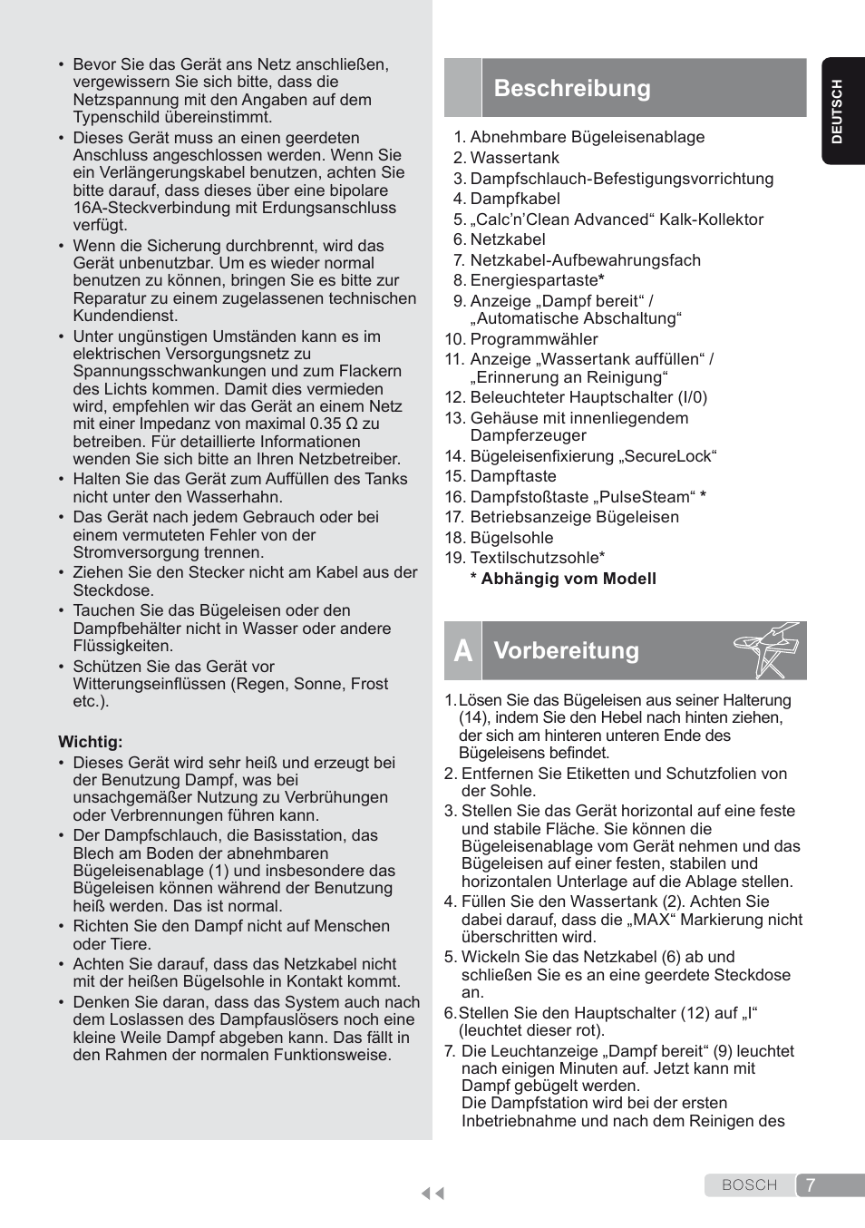 Beschreibung, A. vorbereitung, Vorbereitung | Bosch TDS2250 Centro de planchado Sensixx B22L EAN 4242002794440 User Manual | Page 7 / 150