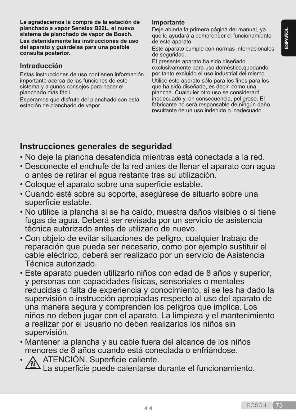 Español, Instrucciones generales de seguridad | Bosch TDS2250 Centro de planchado Sensixx B22L EAN 4242002794440 User Manual | Page 73 / 150